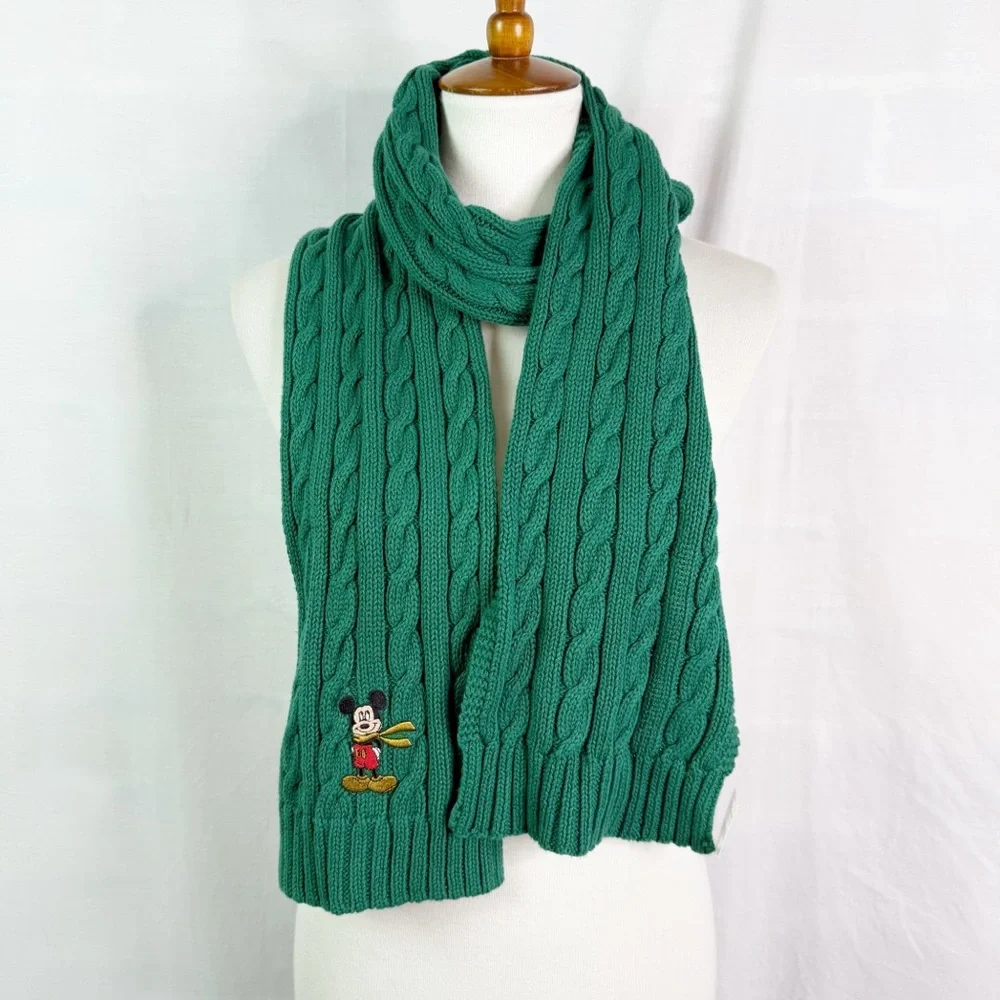 Disney Mickey Mouse Green Scarf Cable Knit Long Embroidered Mickey NEW N…